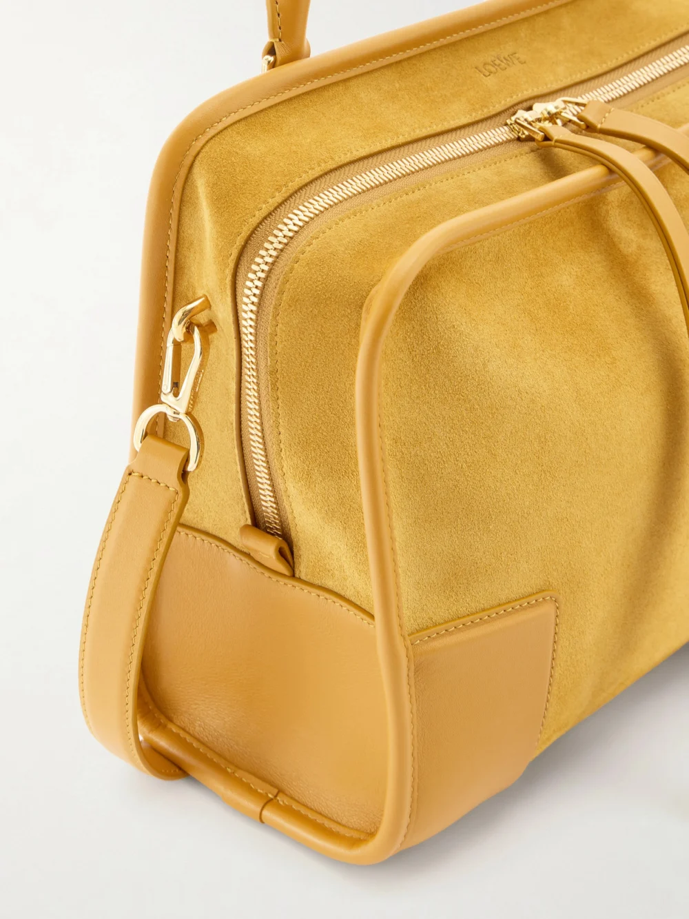 Close-up detail of the Loewe Amazona 180 Medium Suede Shoulder Bag