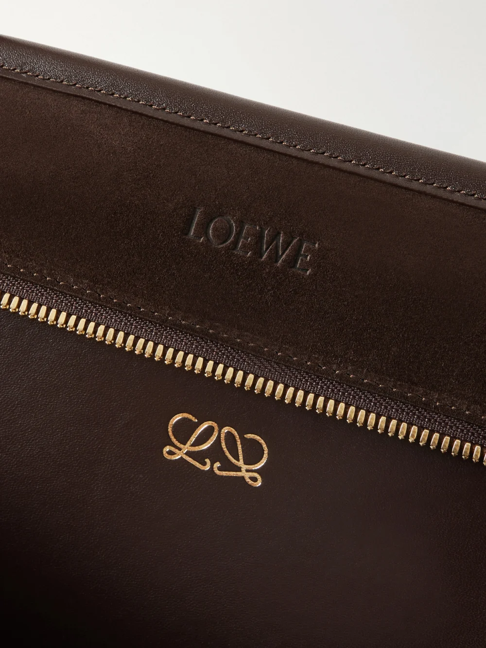 Close-up detail of the Loewe Amazona Leather-trimmed Suede Tote