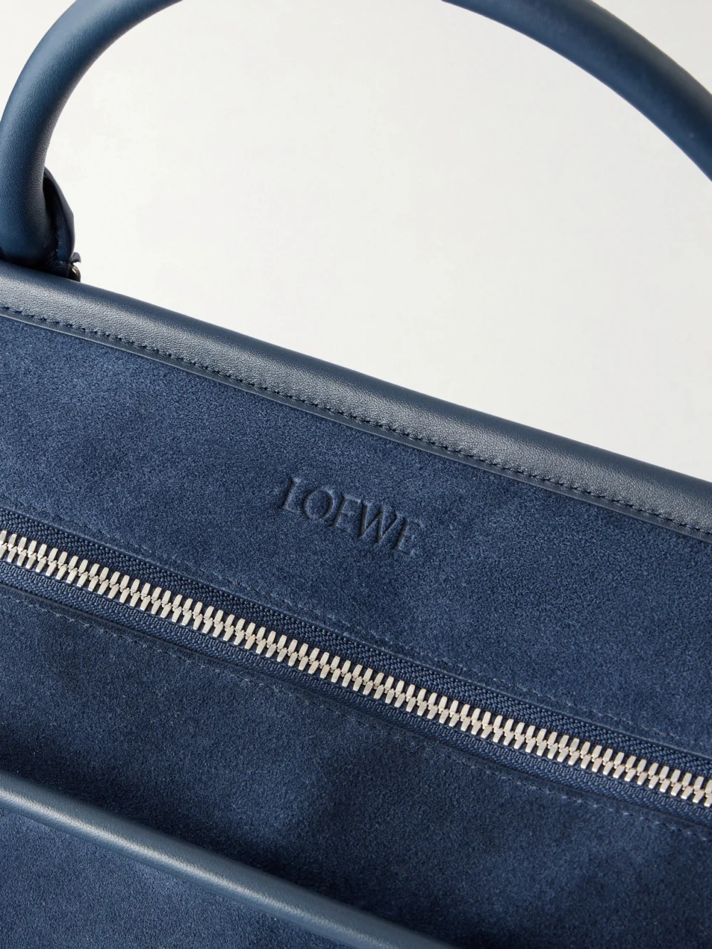 Close-up detail of the Loewe Amazona Leather-trimmed Suede Tote