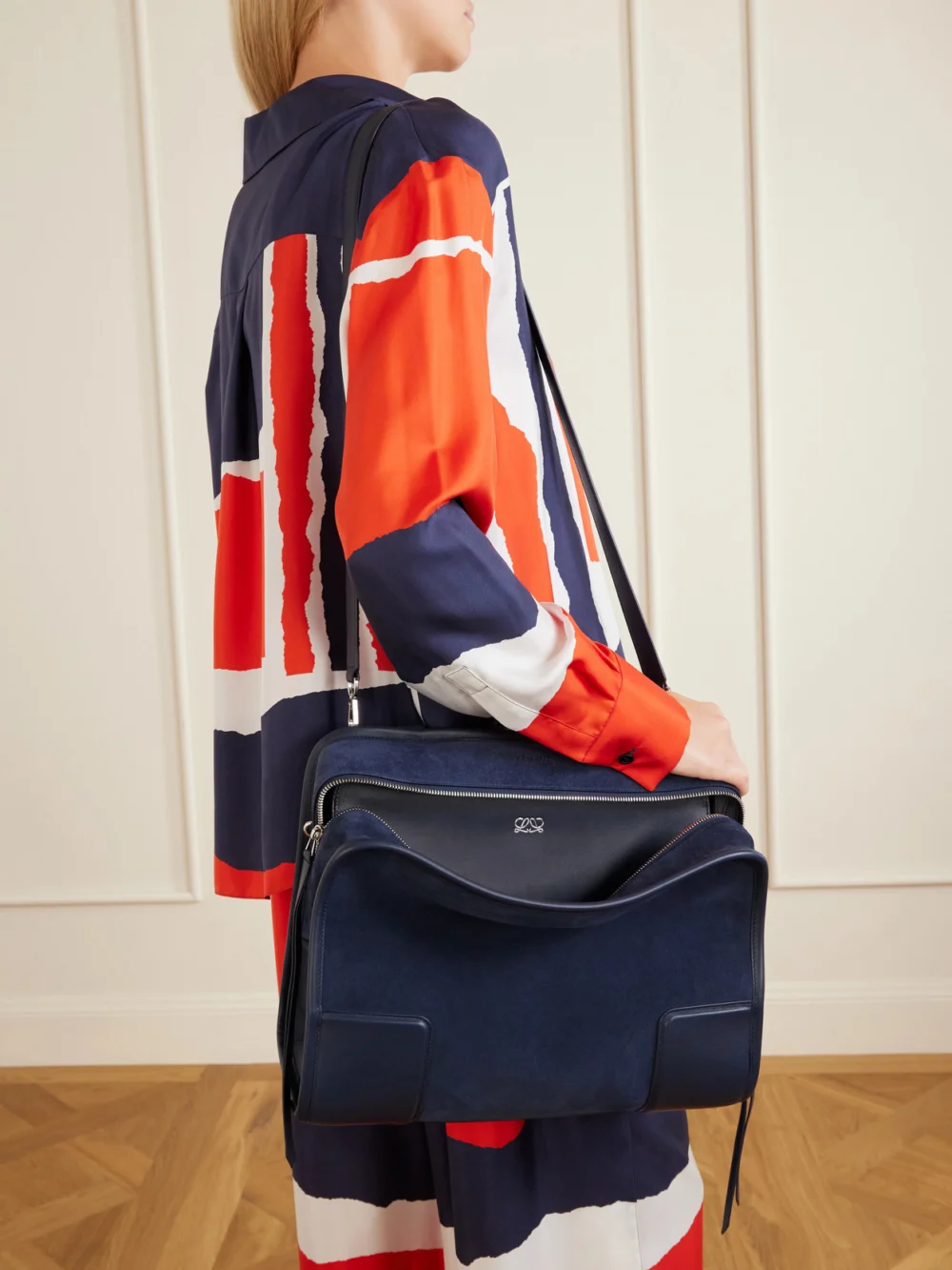 Loewe Amazona Leather-trimmed Suede Tote, styled view