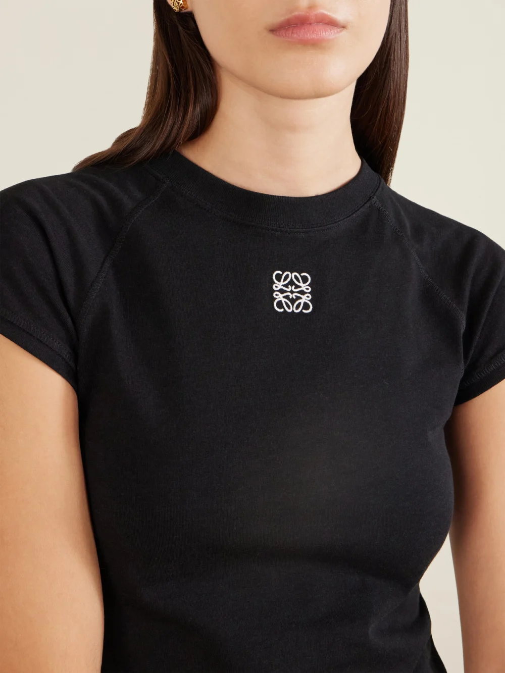 Close-up detail of the Loewe Anagram Embroidered Cotton-blend Jersey T-shirt