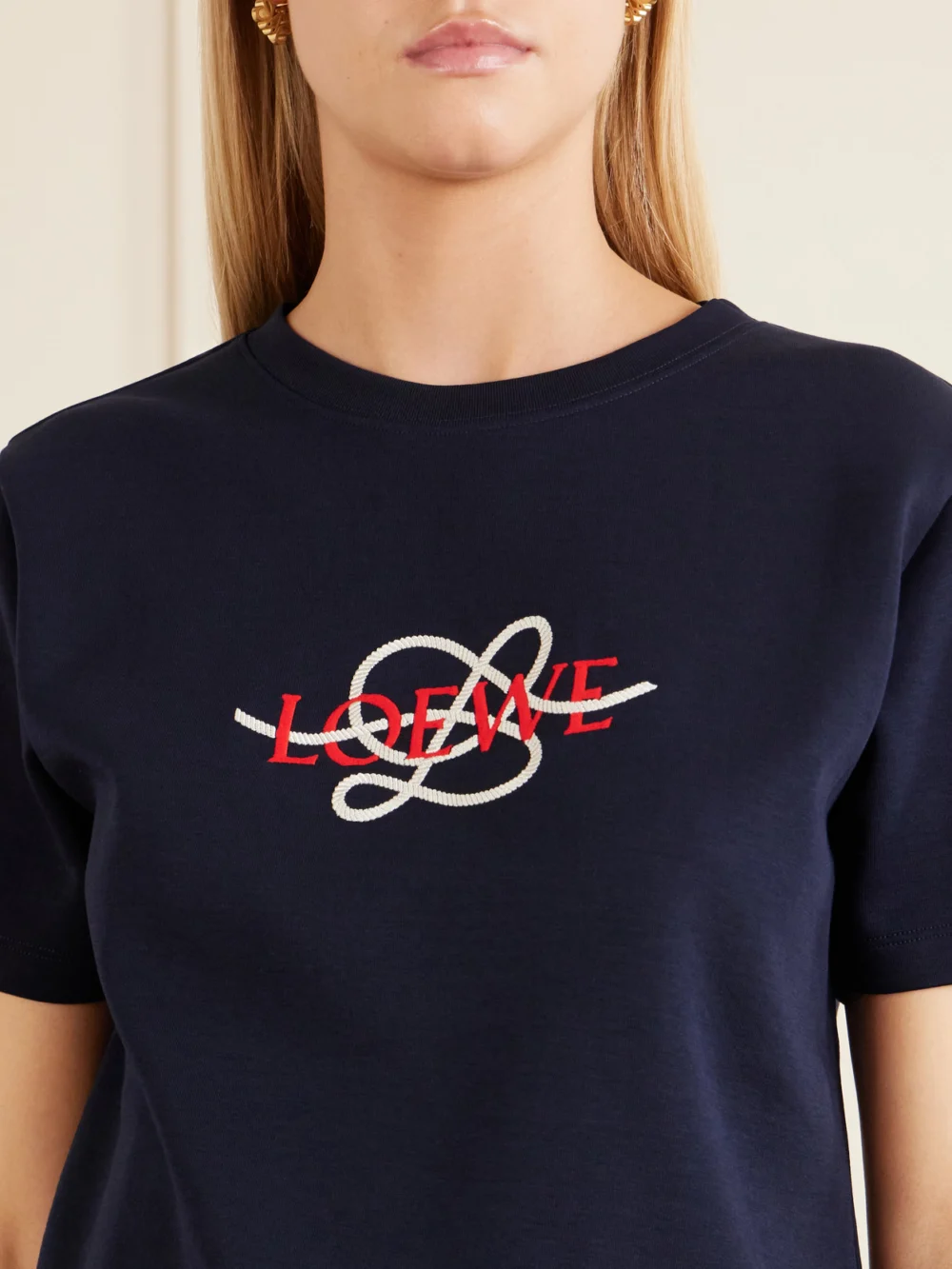 Close-up detail of the Loewe Anagram-embroidered Cotton-blend T-shirt
