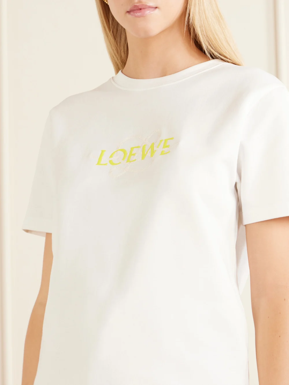 Close-up detail of the Loewe Anagram-embroidered Cotton-blend T-shirt