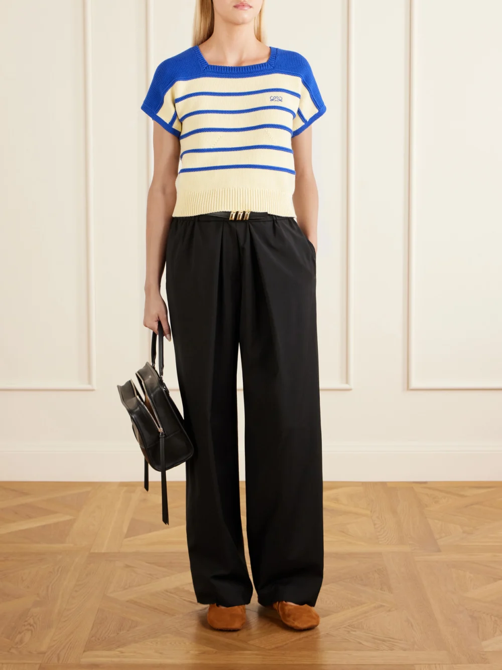 Loewe Anagram-embroidered Striped Cotton and Wool-blend Sweater, worn by a model