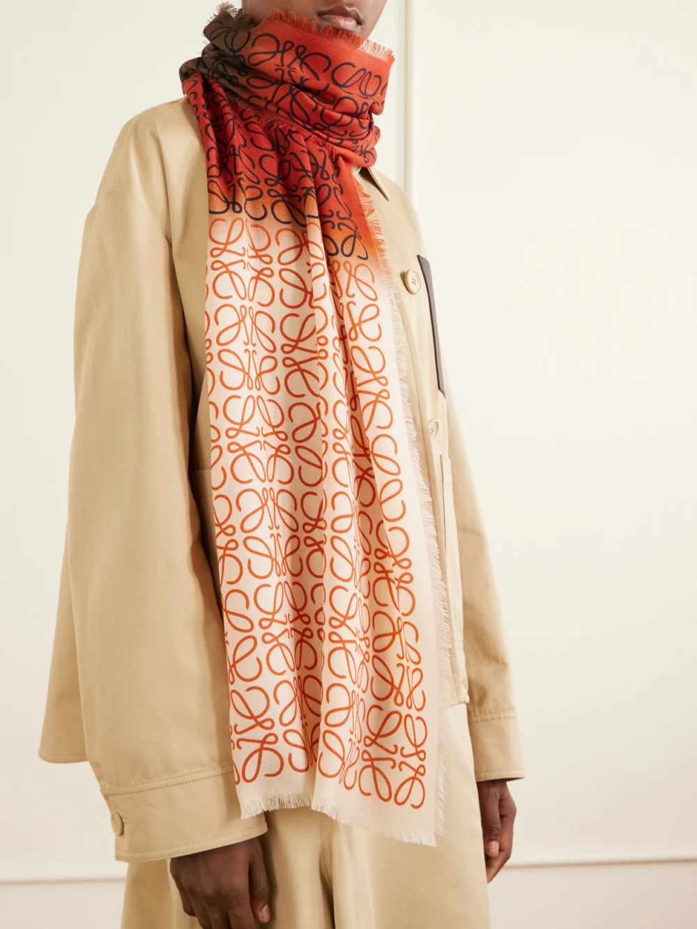 Loewe Anagram-intarsia Wool, Silk and Cashmere-blend Scarf, styled view
