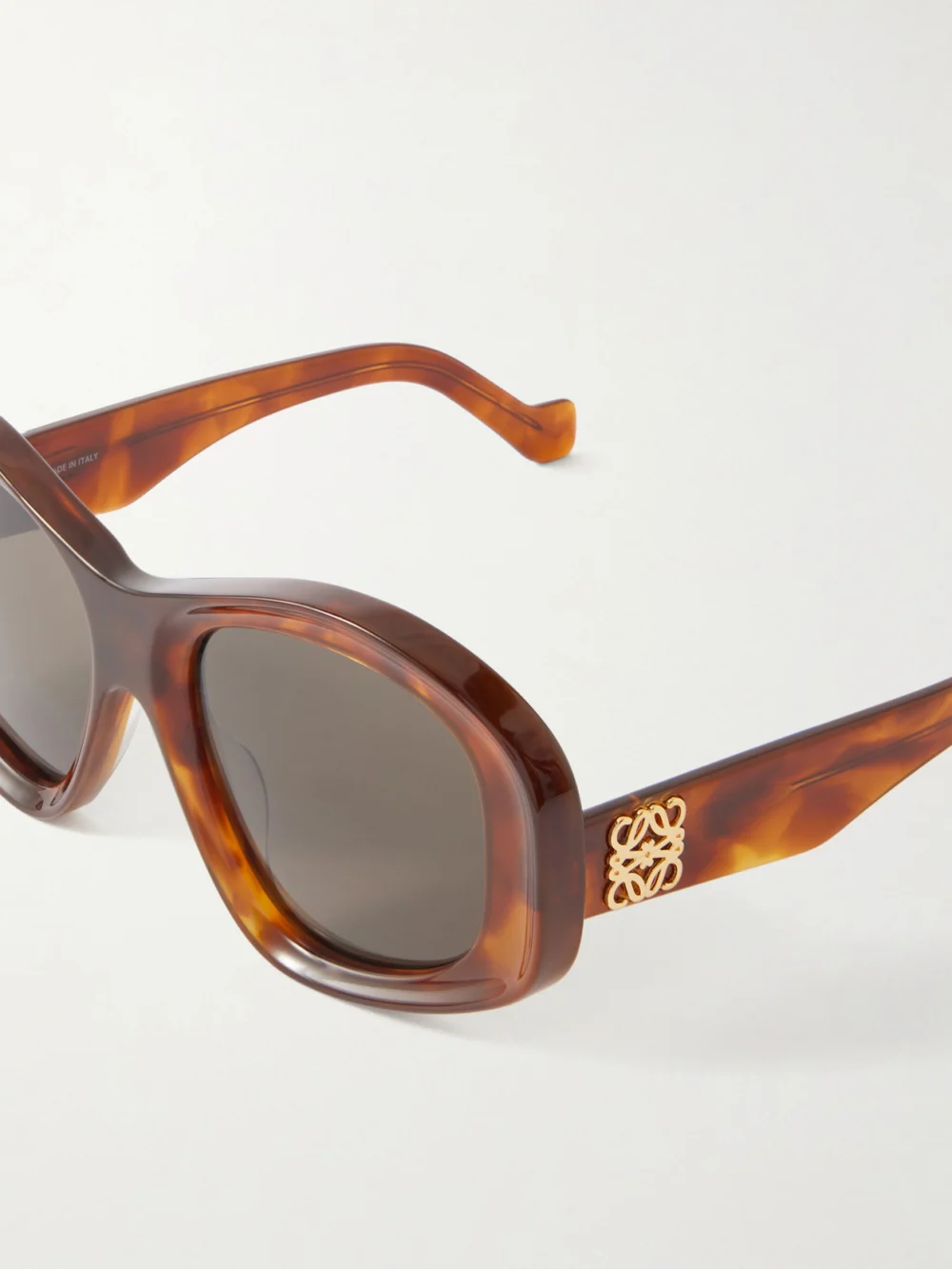 Close-up detail of the Loewe Anagram Round-frame Tortoiseshell Acetate Sunglasses