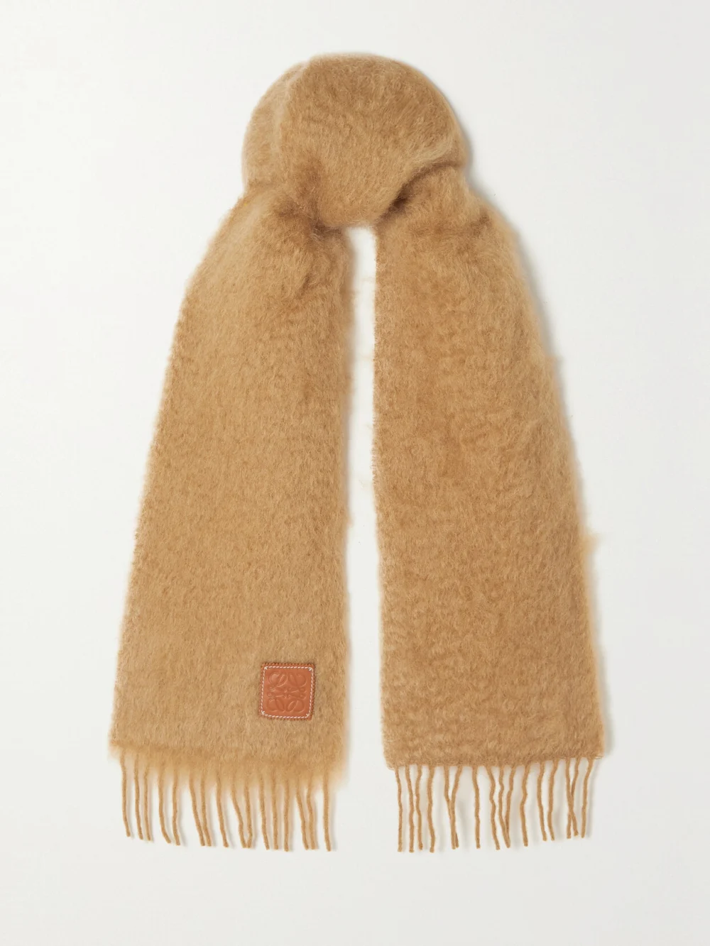 Loewe Appliquéd Fringed Mohair-blend Scarf in camel