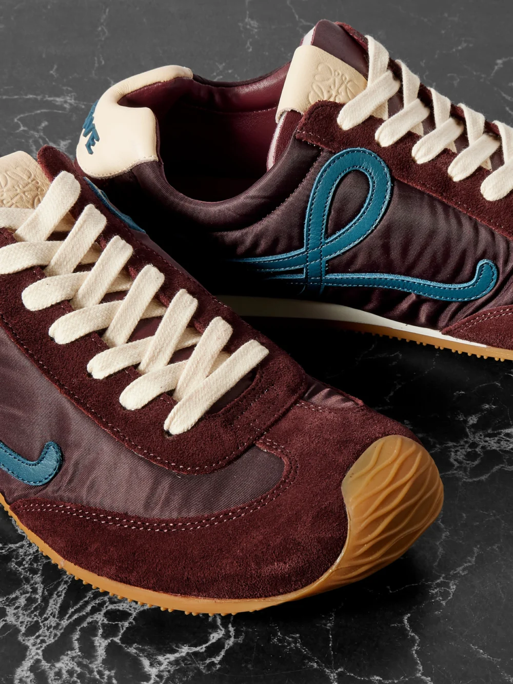 Close-up detail of the Loewe Ballet Runner 2.0 Logo-appliquéd Shell, Suede and Leather Sneakers