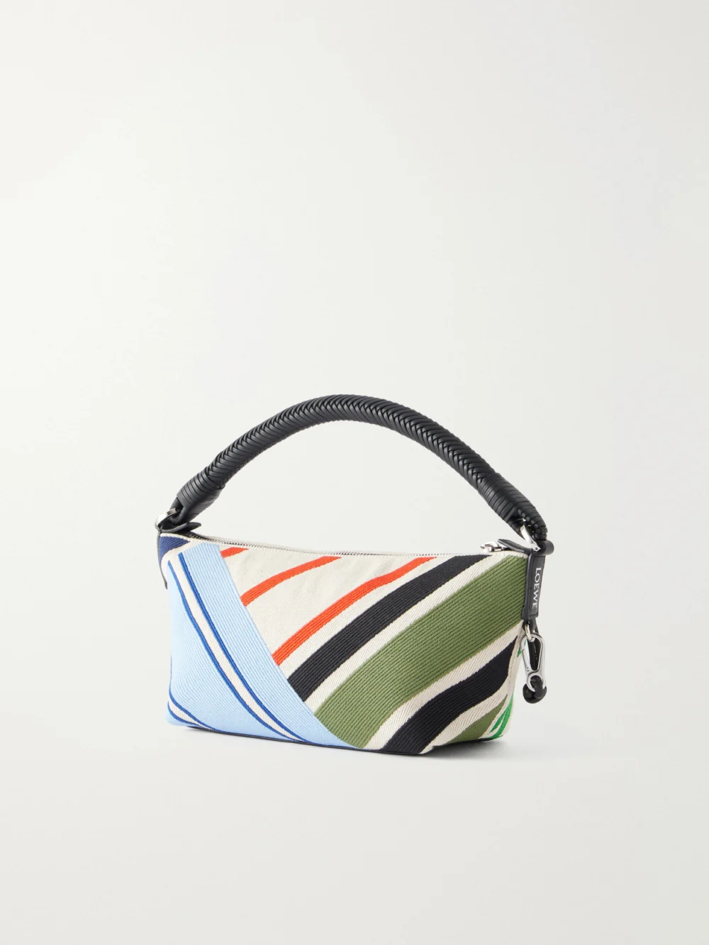 Back view of the Loewe Cala Bayadere Leather-trimmed Paneled Striped Canvas Shoulder Bag