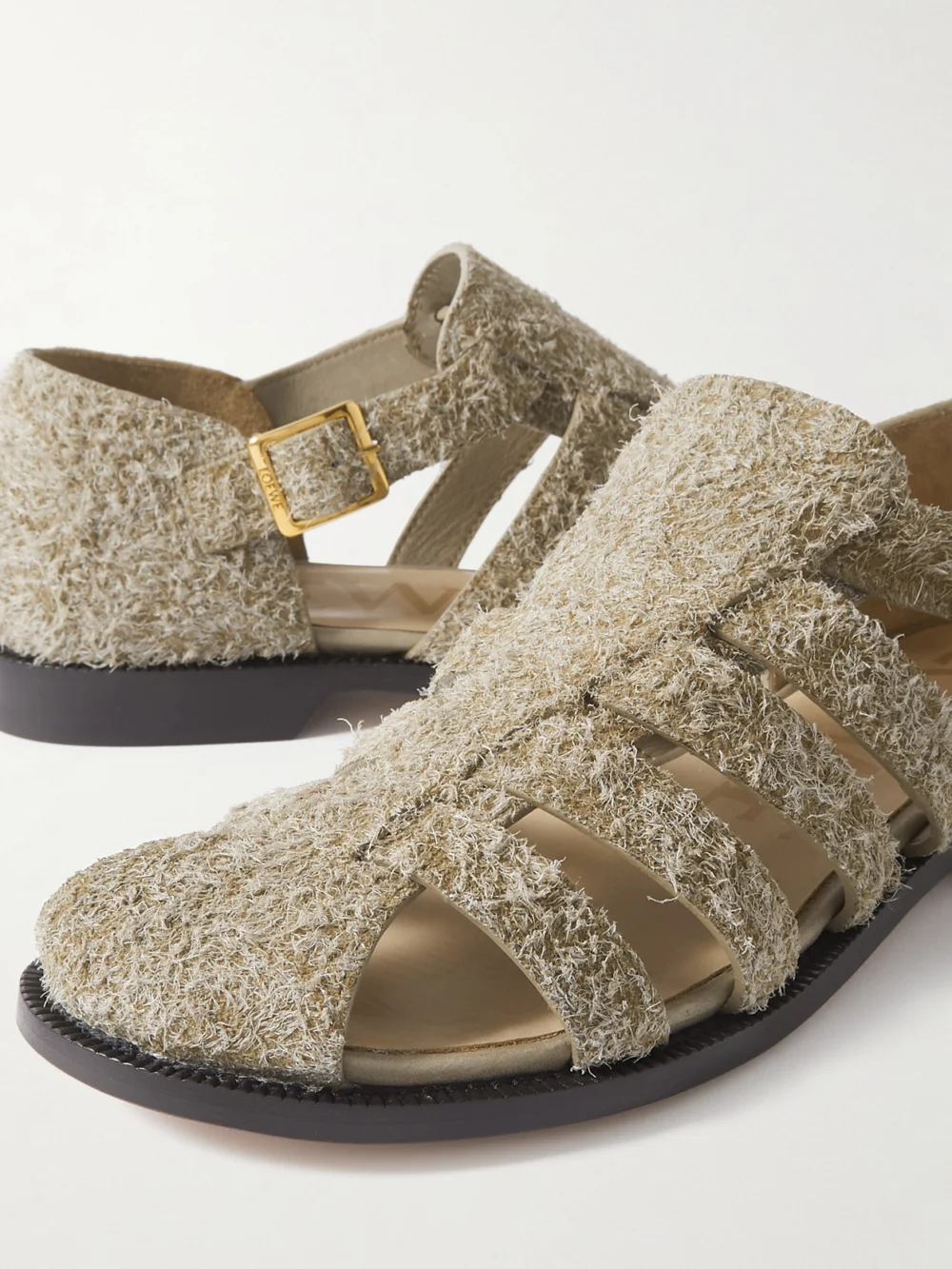 Close-up detail of the Loewe Campo Cutout Brushed-suede Sandals