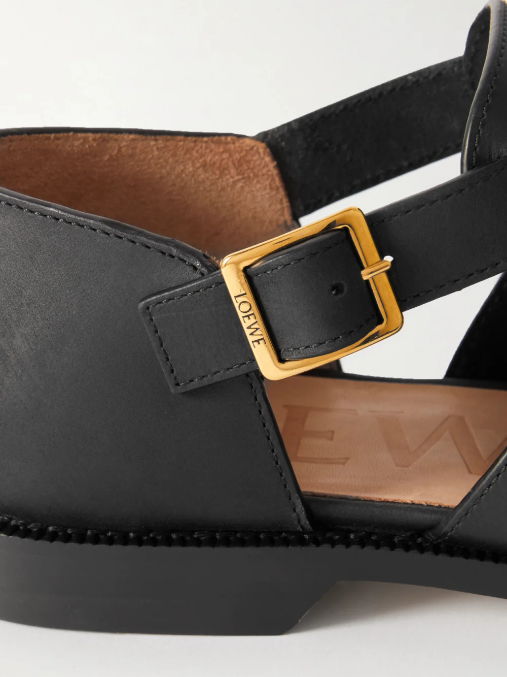 Close-up detail of the Loewe Campo Cutout Leather Sandals
