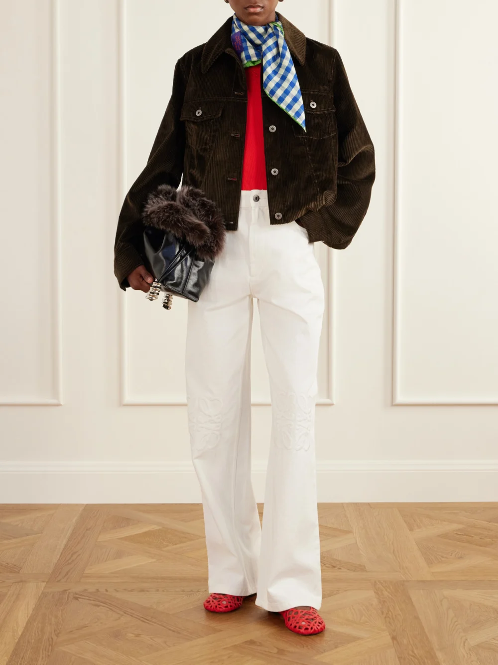 Loewe Checked and Floral-print Silk Scarf, styled view