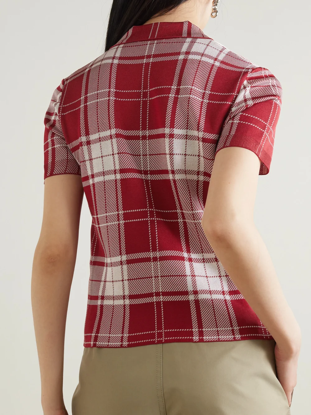 Back view of the Loewe Cropped Checked Silk-blend Jacquard Polo Shirt