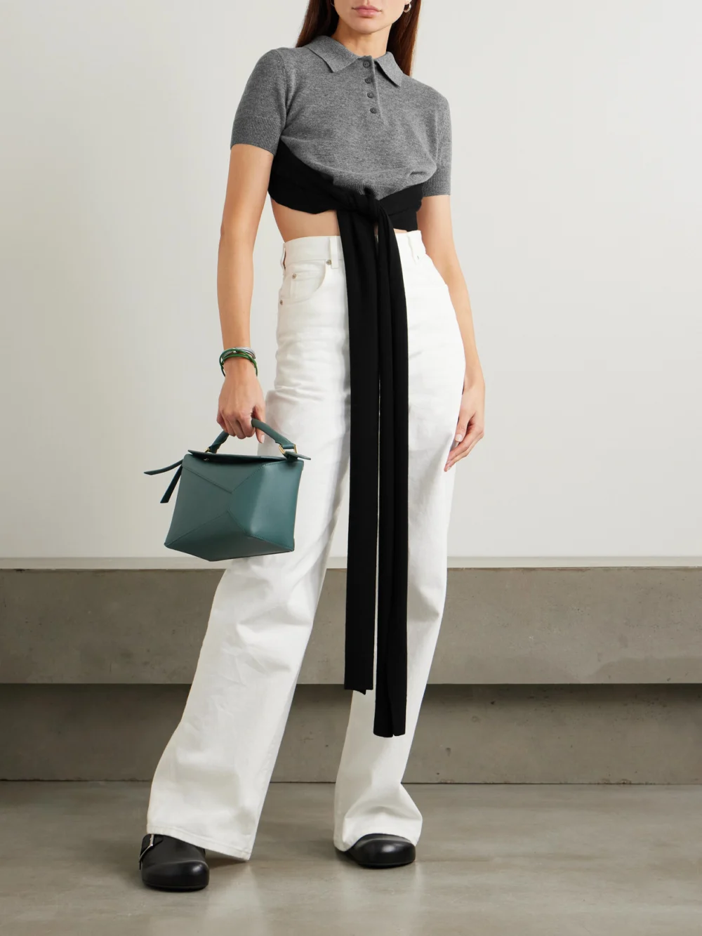 Loewe Cropped Open-back Tie-front Wool-blend Polo Shirt, worn by a model