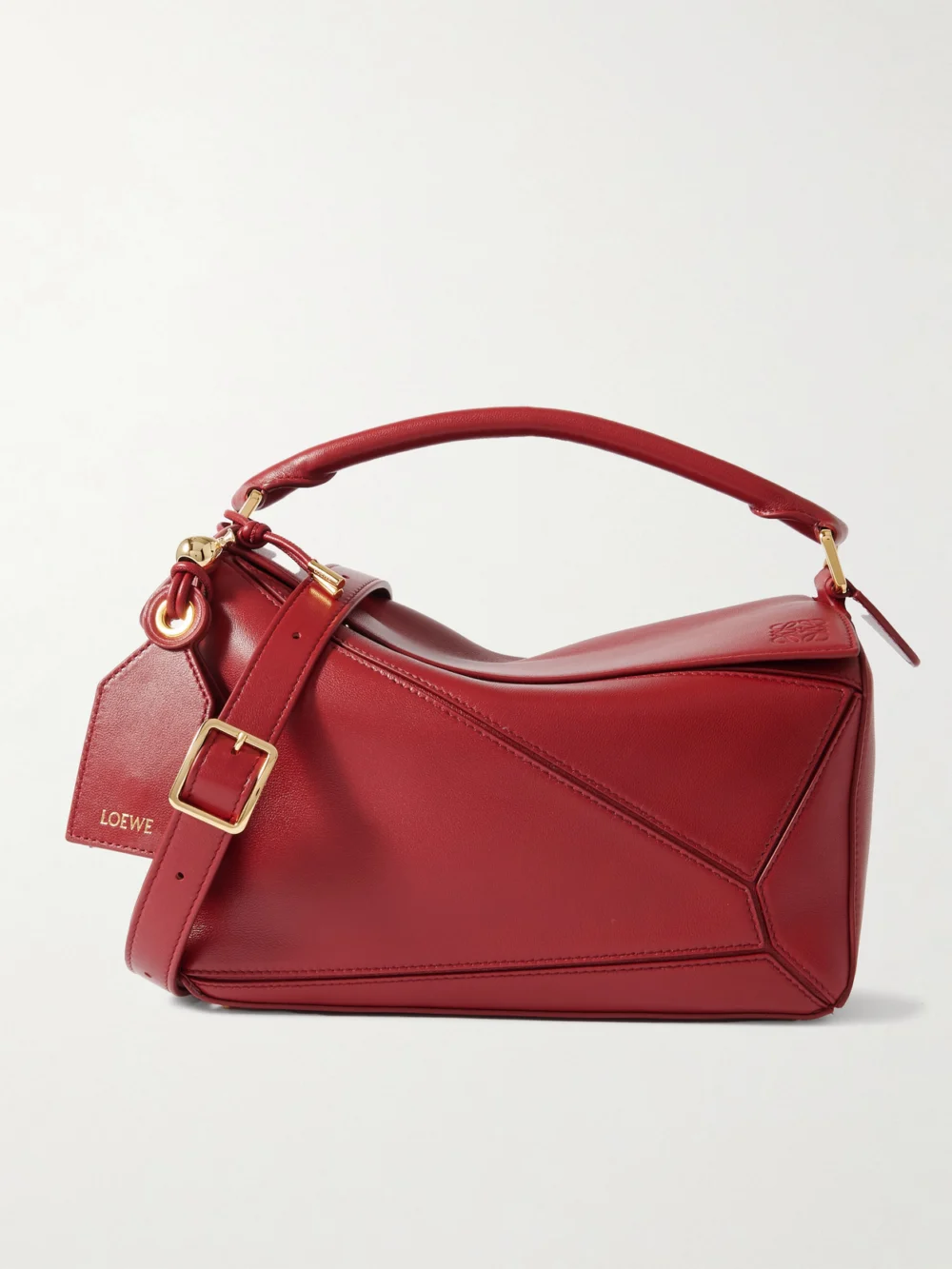 Loewe Featherlight Puzzle Small Textured-leather Top-handle Bag in burgundy