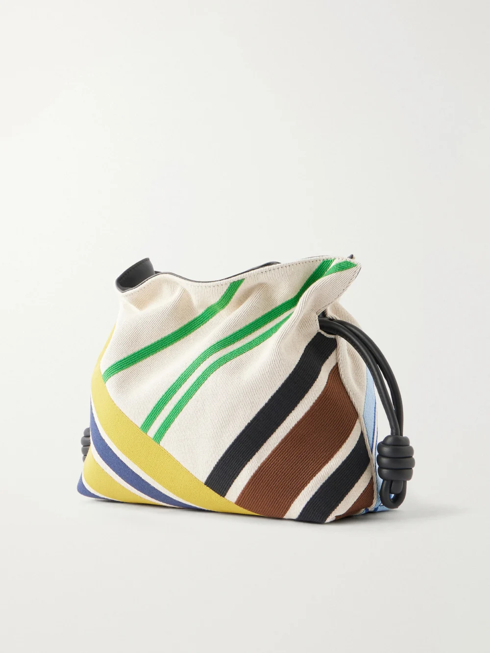 Back view of the Loewe Flamenco Leather-trimmed Paneled Striped Canvas Clutch