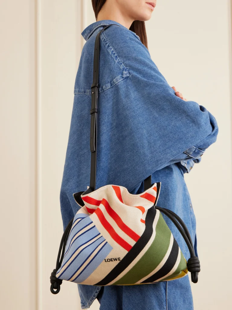 Loewe Flamenco Leather-trimmed Paneled Striped Canvas Clutch
