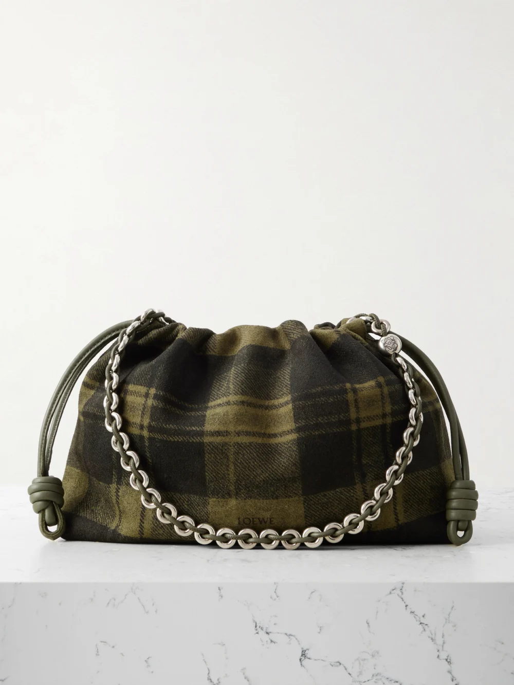 Loewe Flamenco Medium Leather-trimmed Checked Suede Shoulder Bag in army green