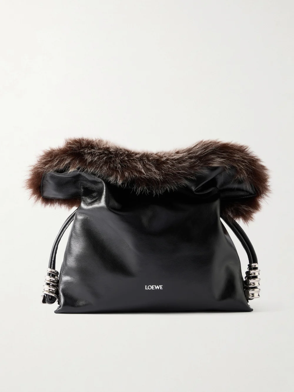 Loewe Flamenco Medium Shearling-trimmed Leather Clutch in black