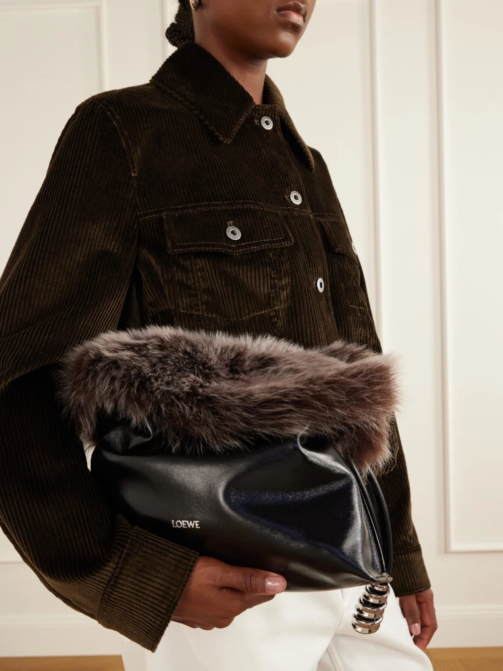 Loewe Flamenco Medium Shearling-trimmed Leather Clutch, styled view