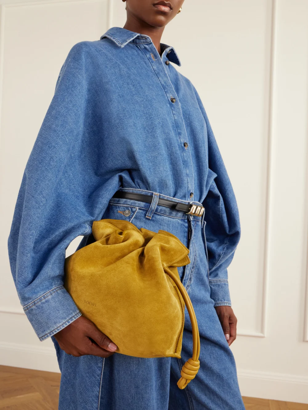 Loewe Flamenco Medium Suede Clutch, styled view