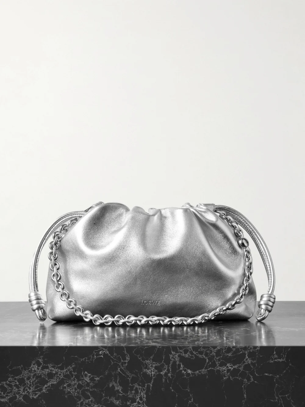 Loewe Flamenco Metallic Leather Clutch in silver