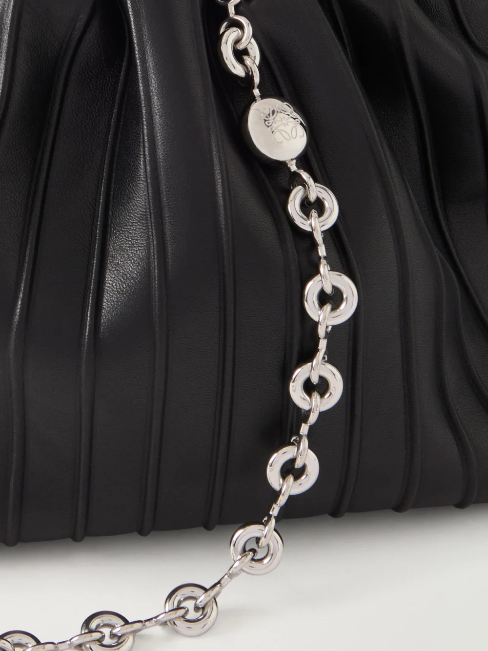 Close-up detail of the Loewe Flamenco Pleated Leather Shoulder Bag