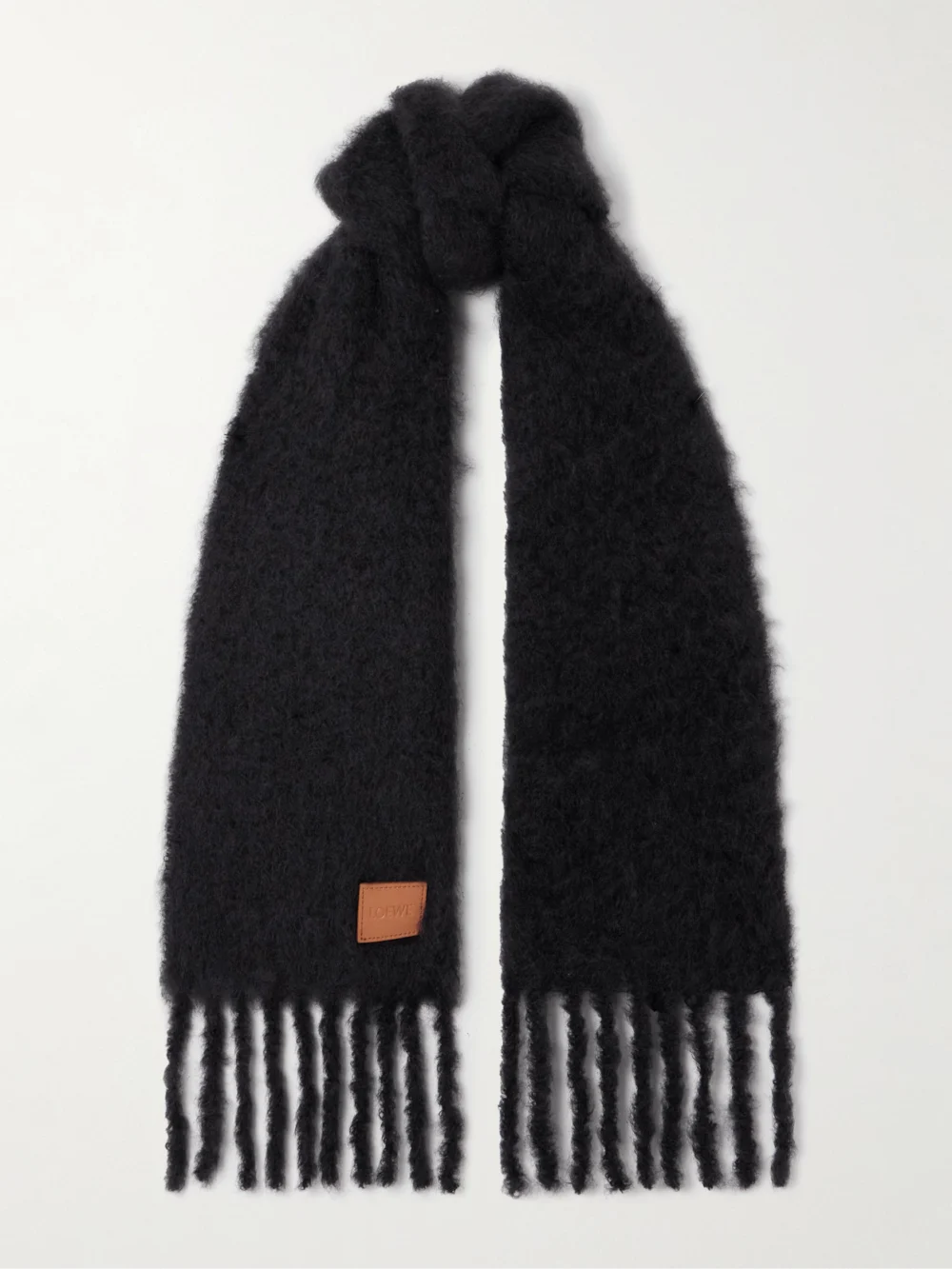 Loewe Fringed Appliquéd Leather-trimmed Brushed Mohair-blend Scarf in black