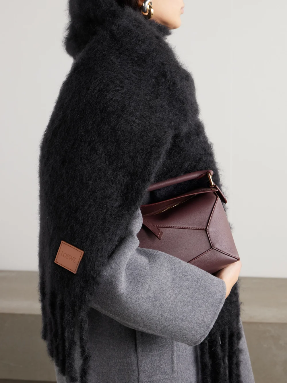 Loewe Fringed Appliquéd Leather-trimmed Brushed Mohair-blend Scarf, styled view