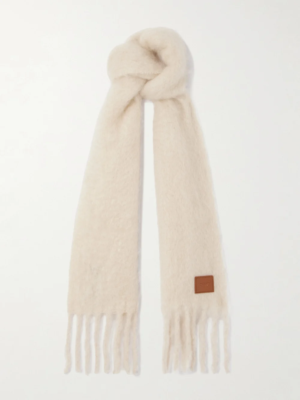 Loewe Fringed Appliquéd Leather-trimmed Brushed Mohair-blend Scarf in off-white