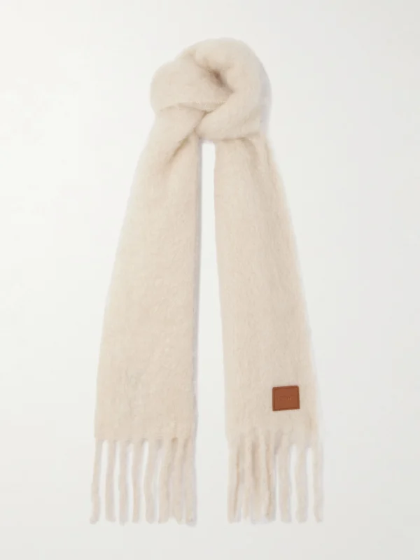 Loewe Fringed Appliquéd Leather-trimmed Brushed Mohair-blend Scarf