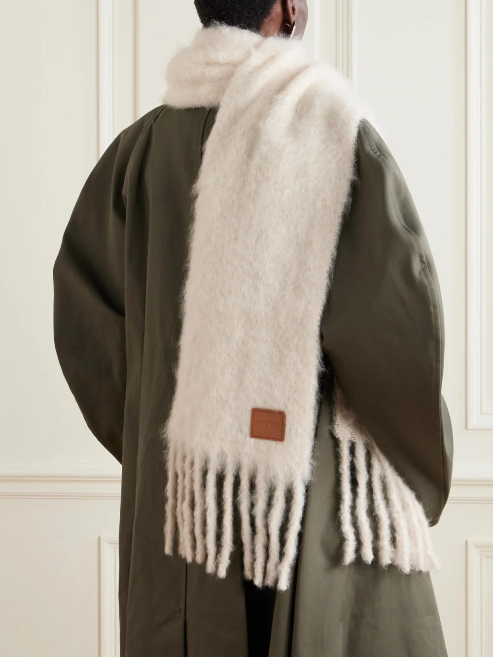 Loewe Fringed Appliquéd Leather-trimmed Brushed Mohair-blend Scarf, styled view