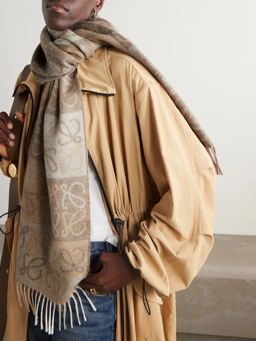 Loewe Fringed Intarsia Wool and Cashmere-blend Scarf, styled view