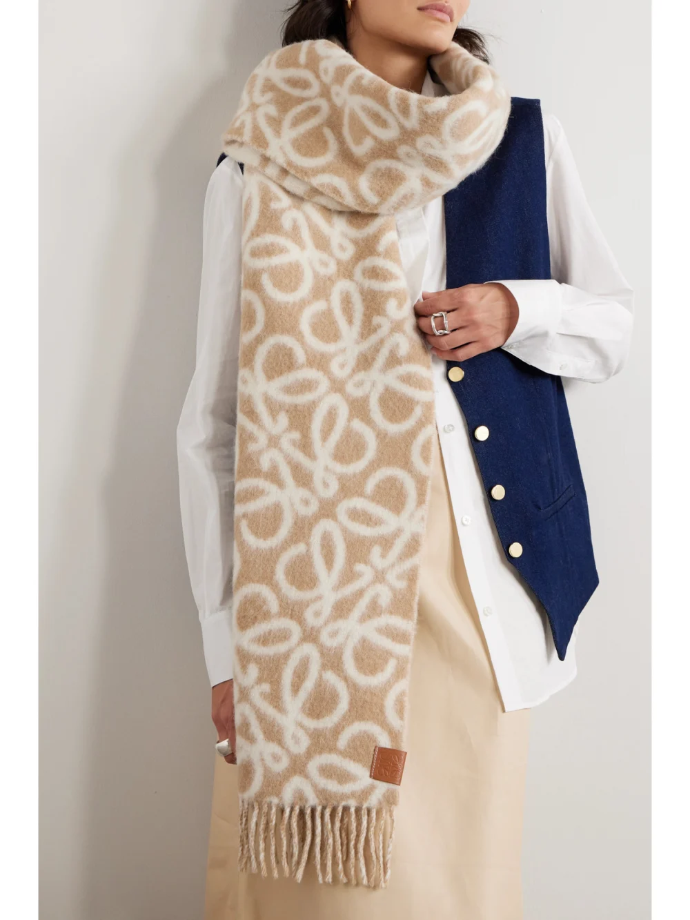 Loewe Fringed Jacquard-knit Scarf, styled view