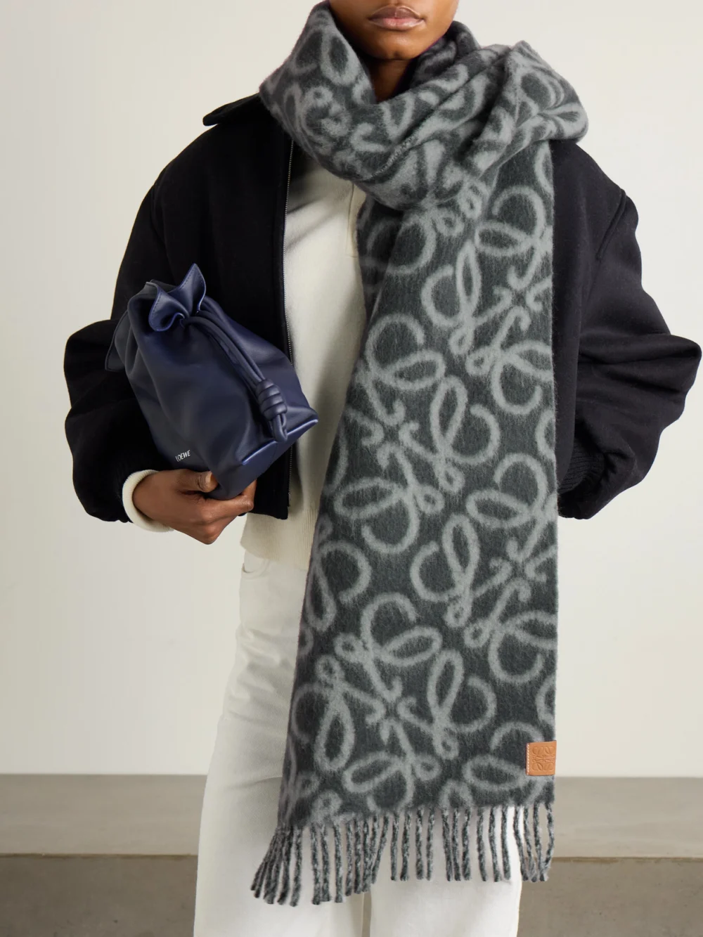 Loewe Fringed Jacquard-knit Scarf, styled view