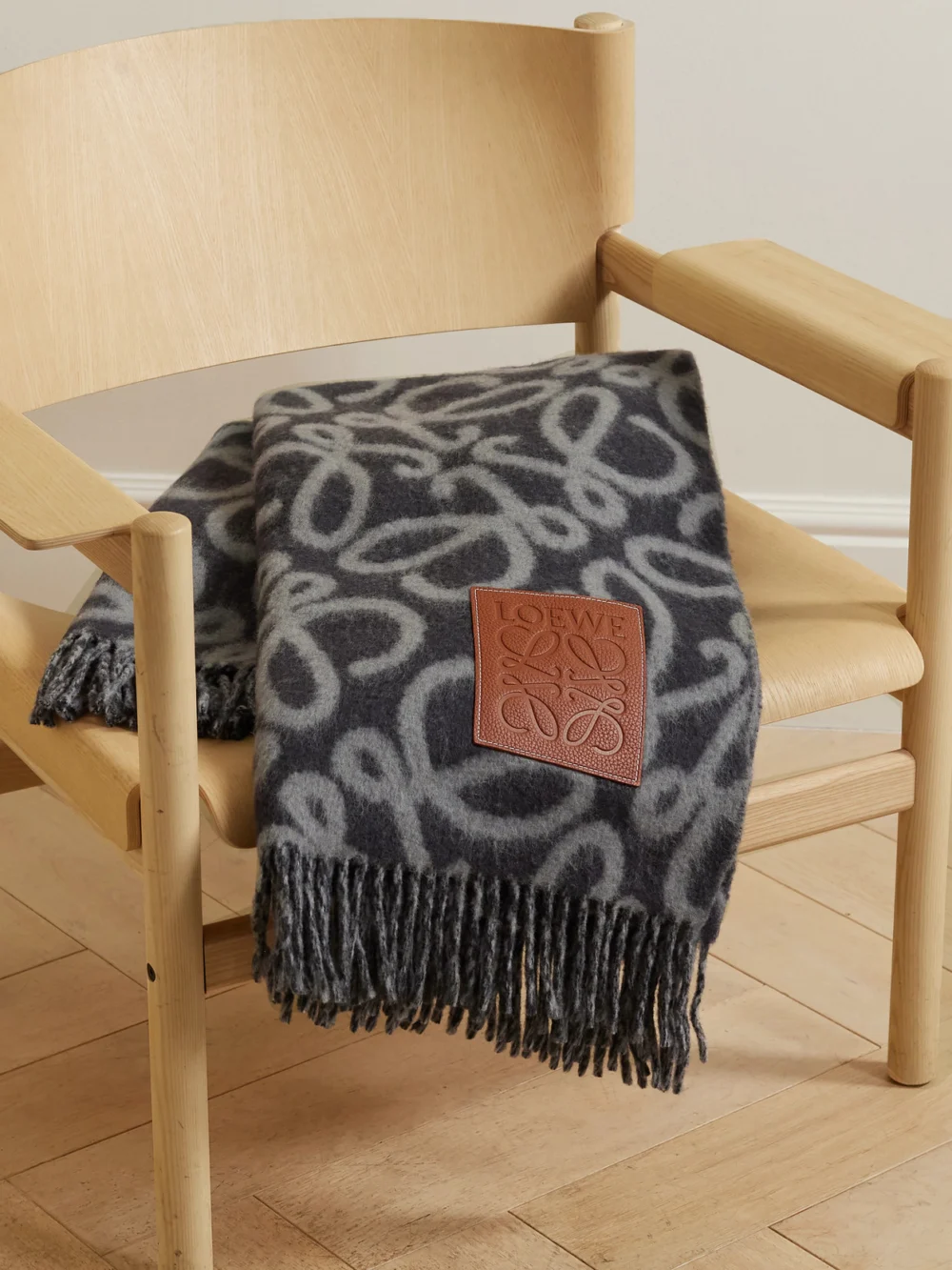 Loewe Fringed Leather-trimmed Alpaca-blend Jacquard Blanket in gray