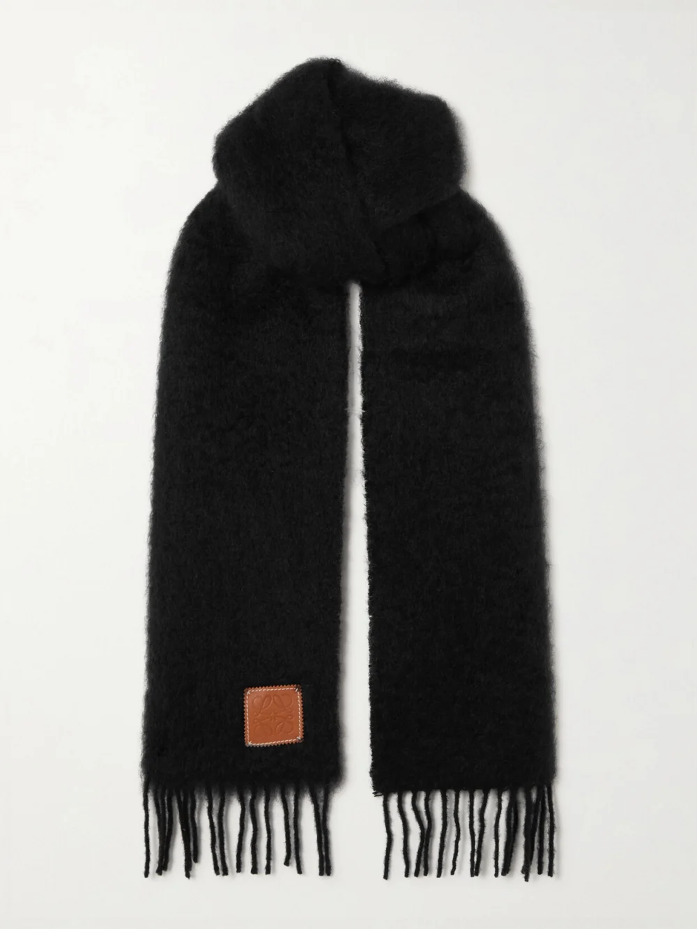 Loewe Fringed Leather-trimmed Mohair-blend Scarf in black