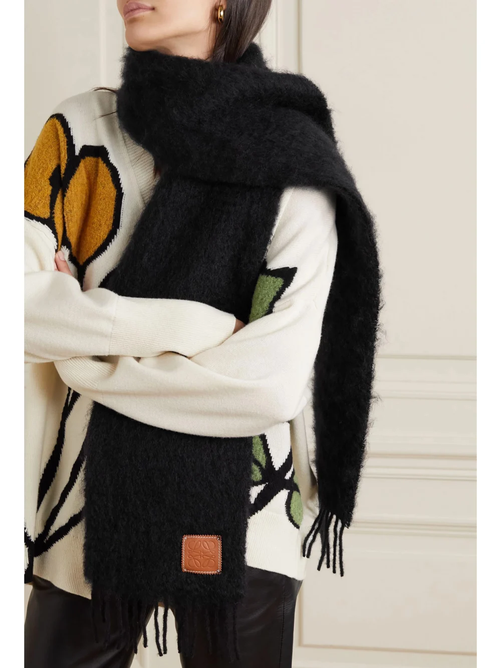 Loewe Fringed Leather-trimmed Mohair-blend Scarf, styled view