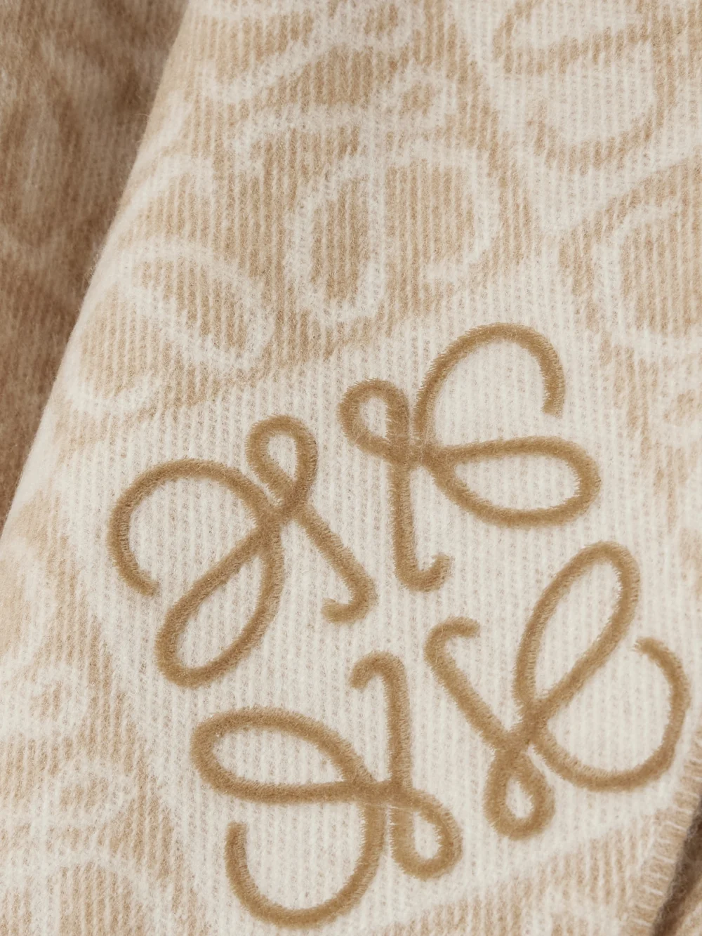 Close-up detail of the Loewe Fringed Wool and Cashmere-blend Jacquard Scarf