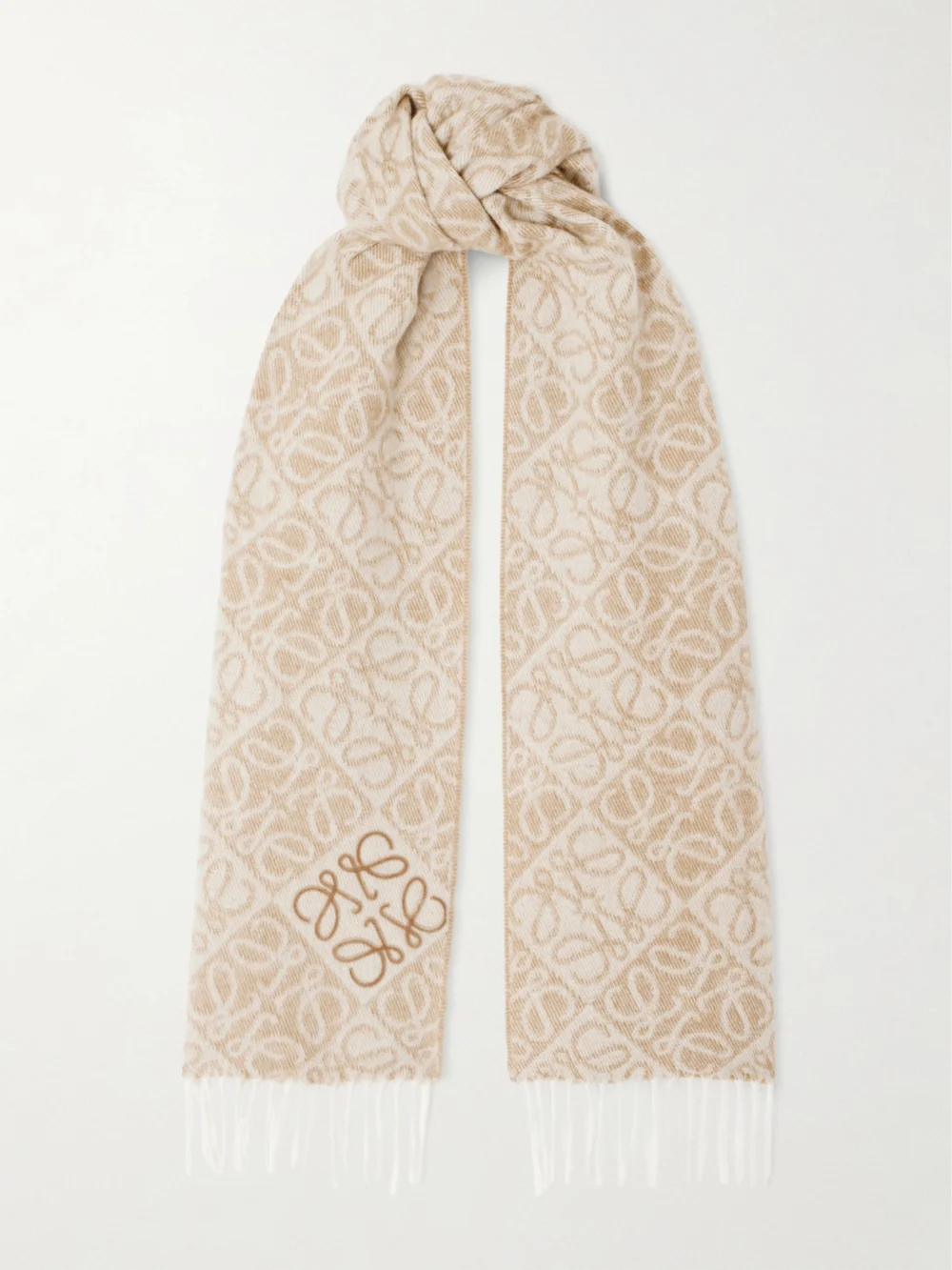 Loewe Fringed Wool and Cashmere-blend Jacquard Scarf in beige