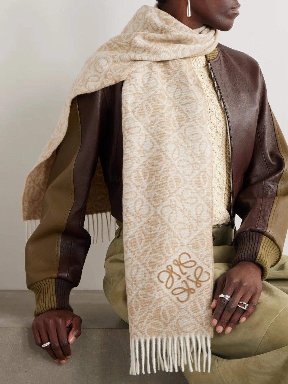 Loewe Fringed Wool and Cashmere-blend Jacquard Scarf, styled view