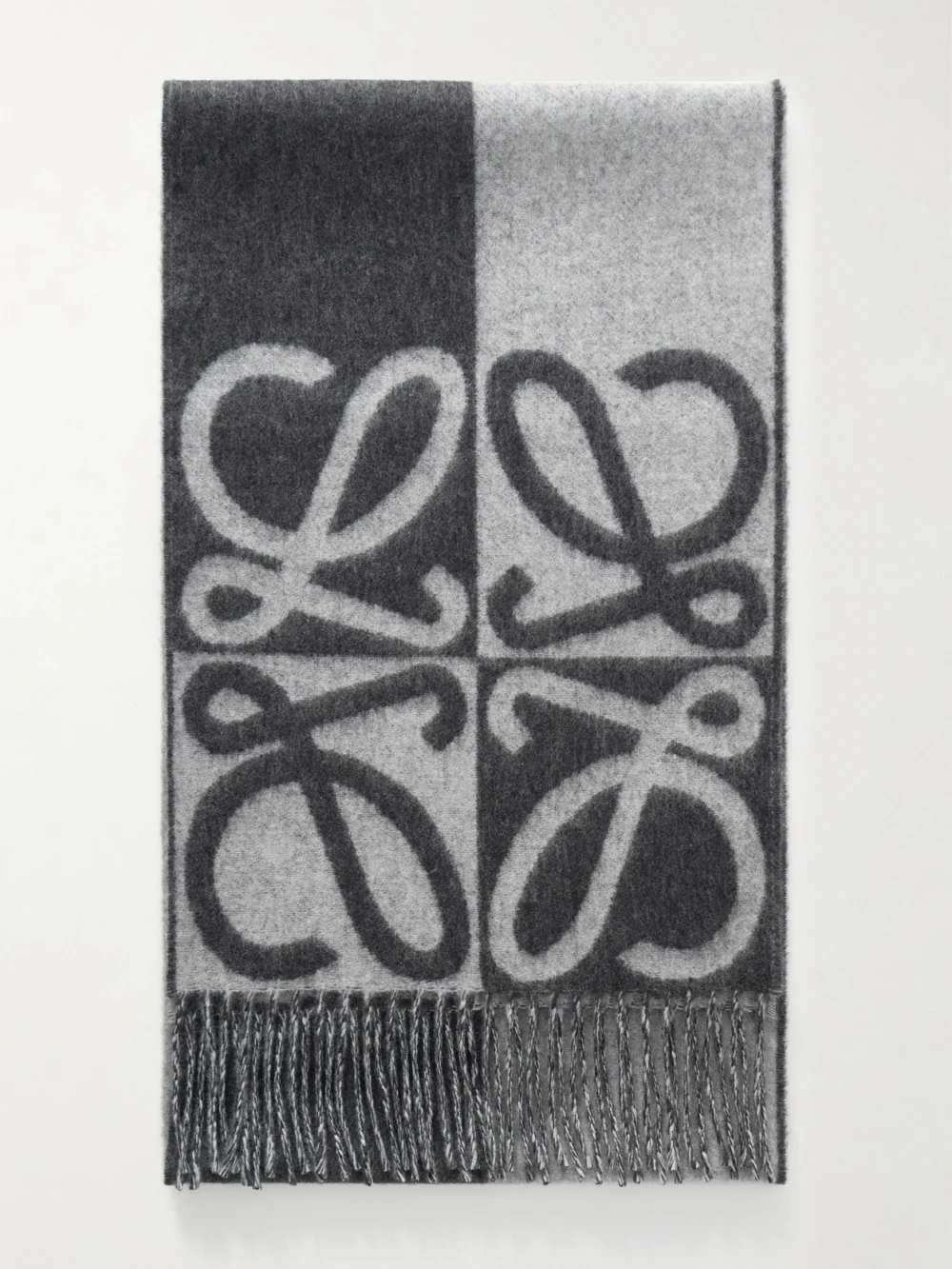 Loewe Fringed Wool and Cashmere-blend Jacquard Scarf in gray