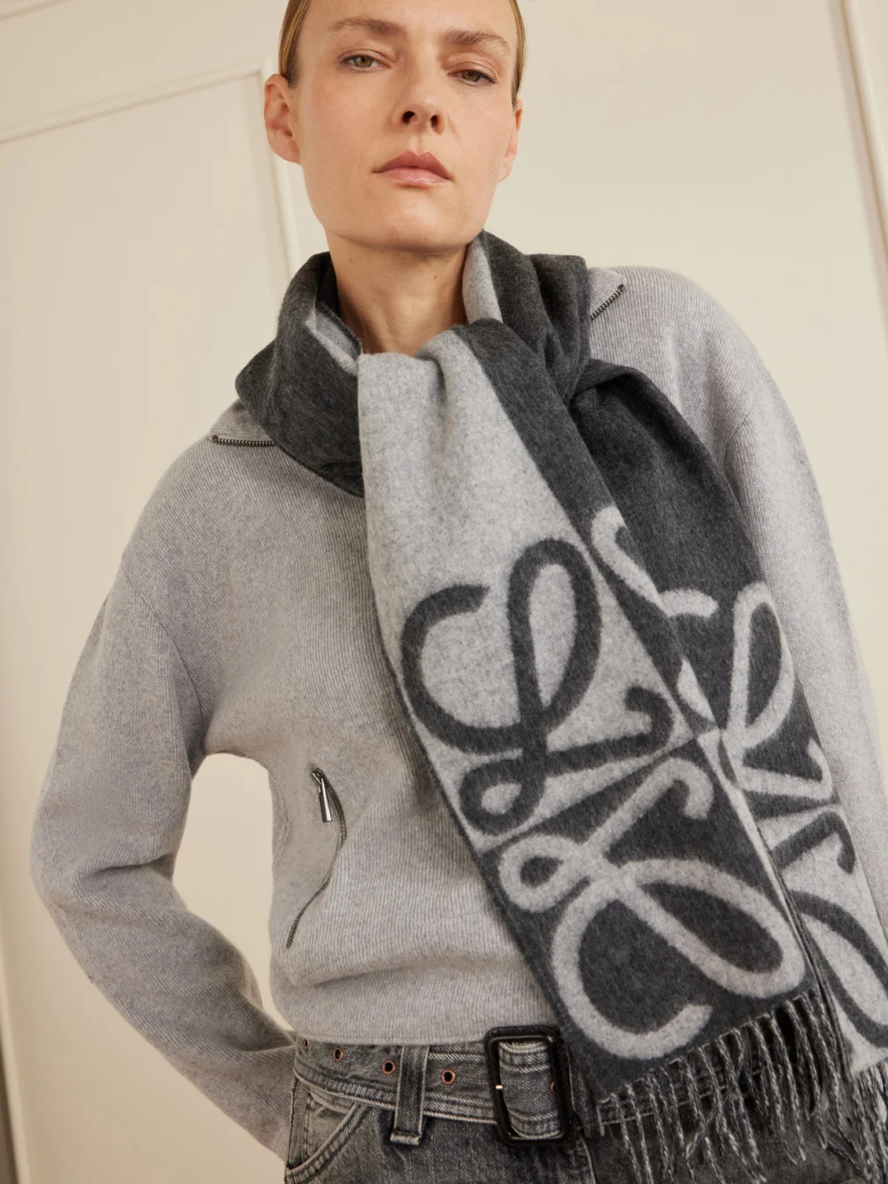 Loewe Fringed Wool and Cashmere-blend Jacquard Scarf, styled view