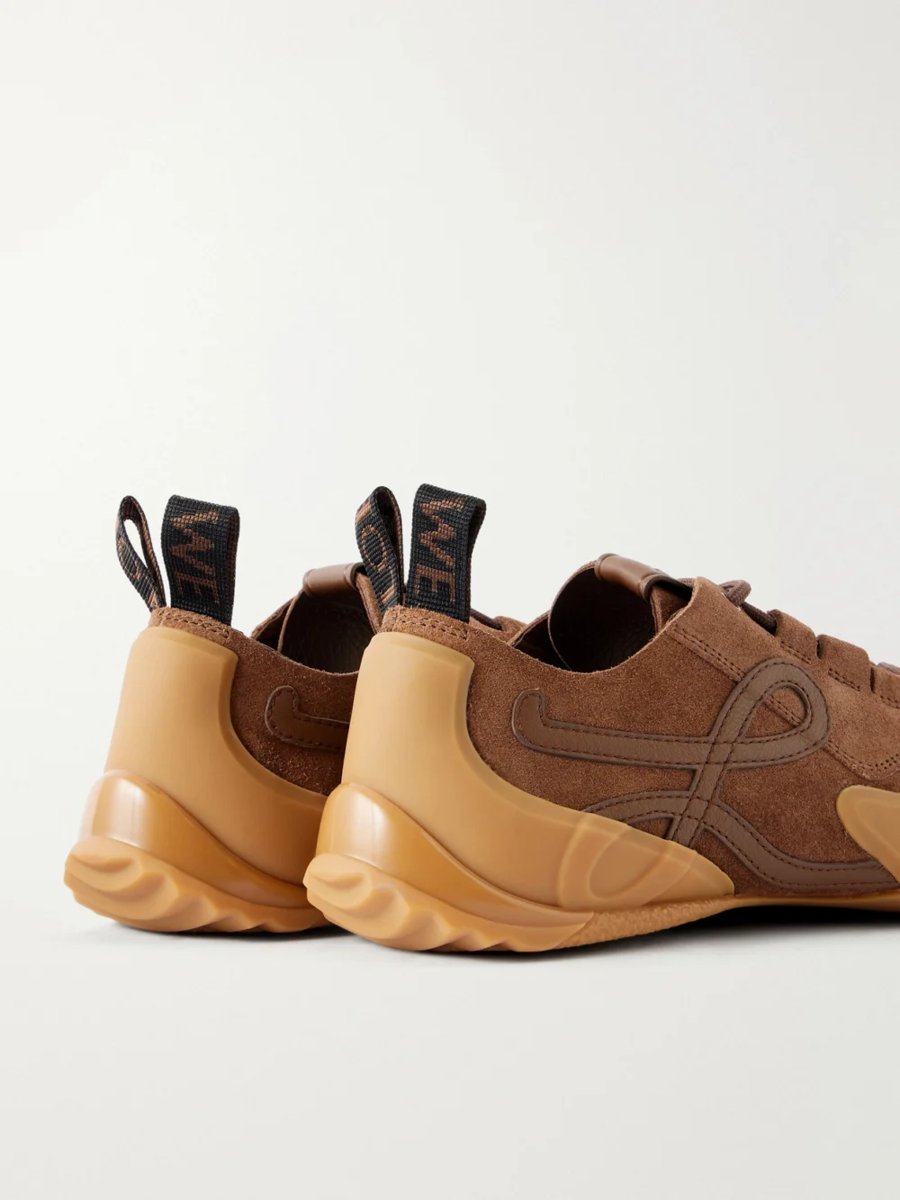 Close-up detail of the Loewe Grip Logo-appliquéd Leather-trimmed Suede and Tpu Sneakers