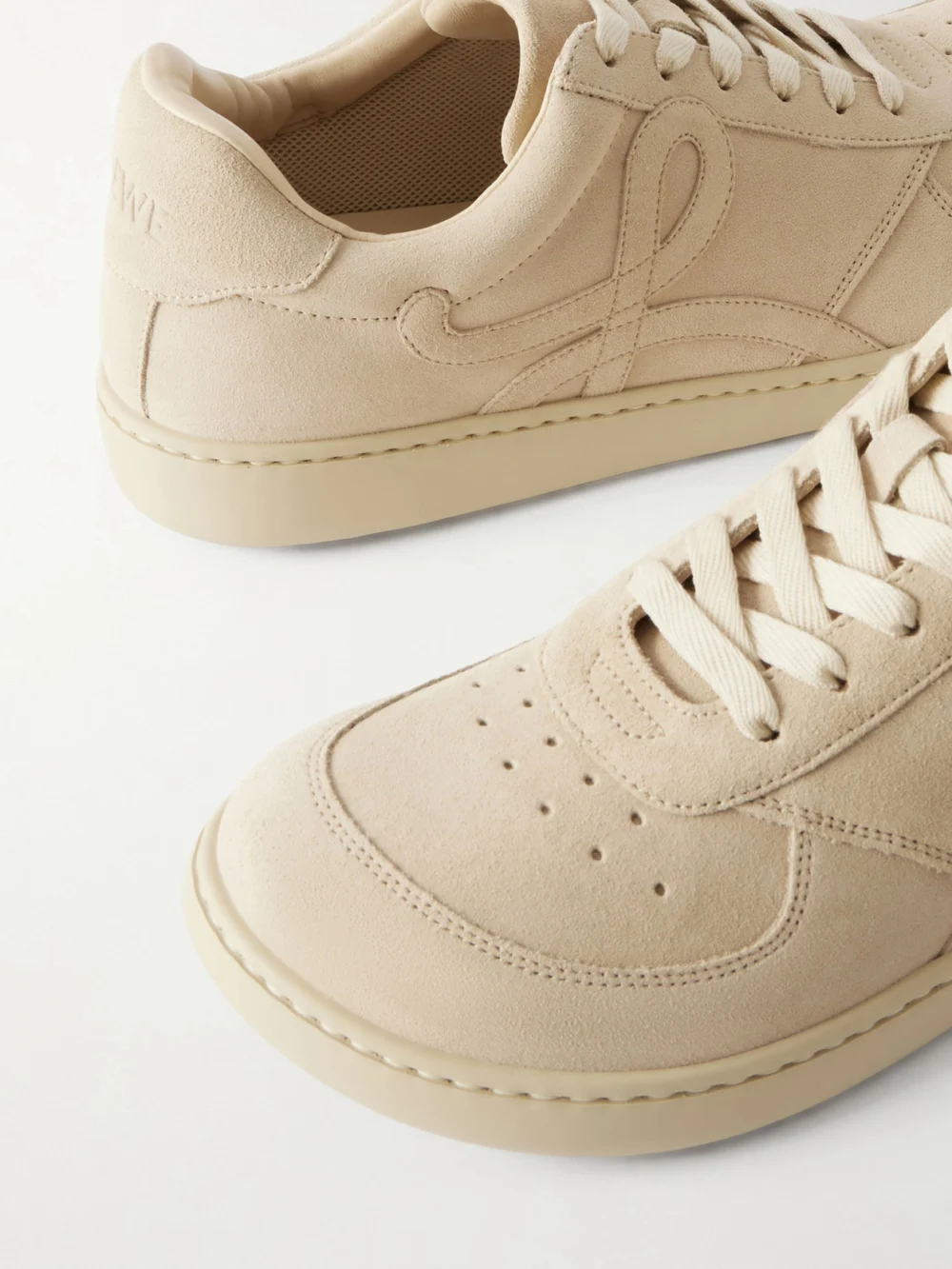 Close-up detail of the Loewe Jambo Logo-appliquéd Suede Sneakers