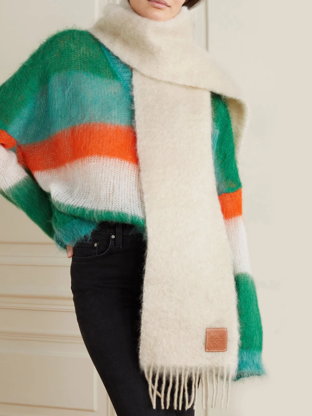 Loewe Leather-trimmed Fringed Mohair-blend Scarf, styled view