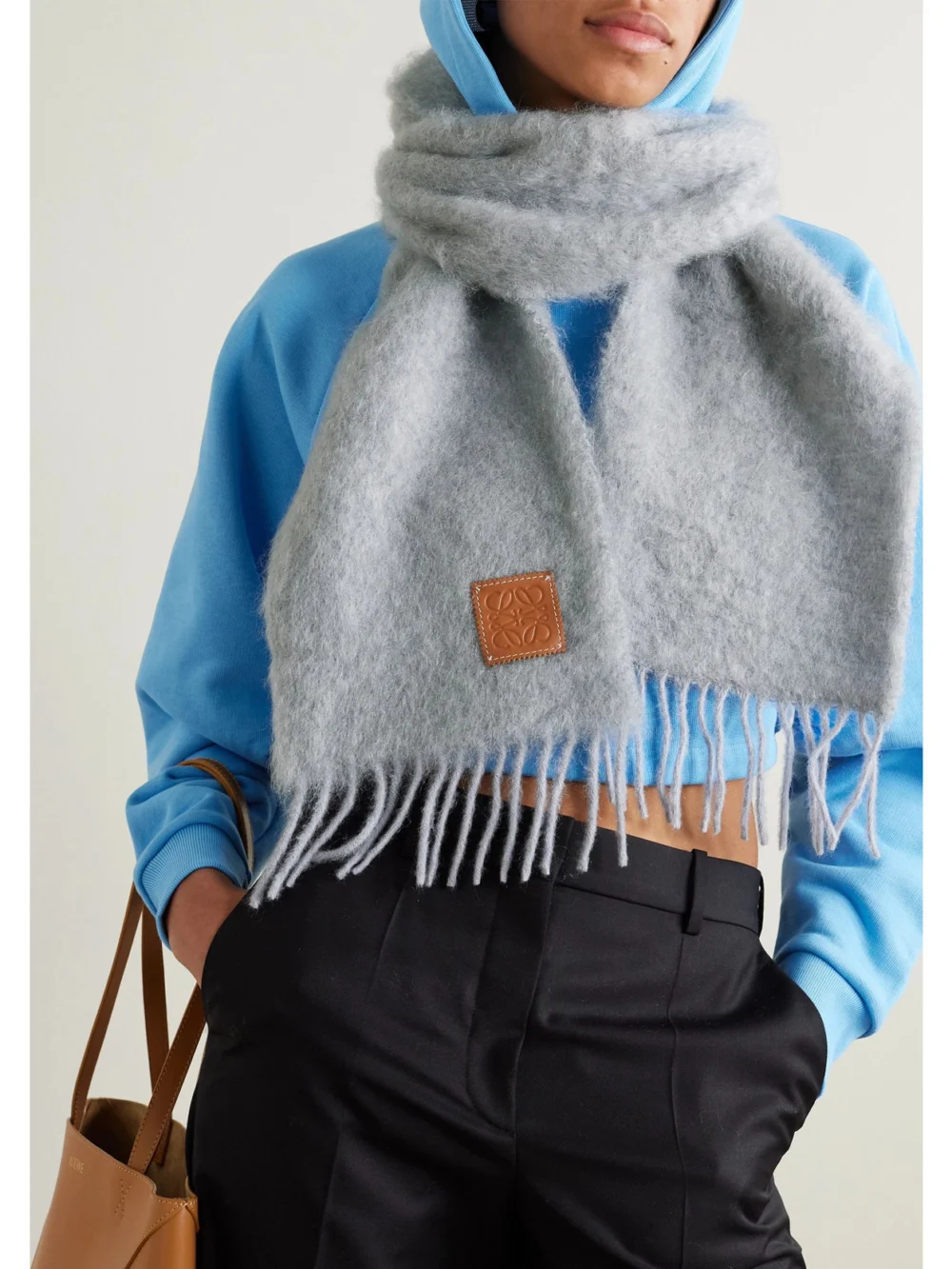 Loewe Leather-trimmed Fringed Mohair-blend Scarf, styled view