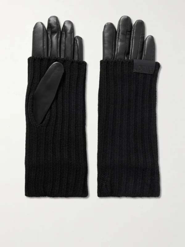 Loewe Leather-trimmed Ribbed Cashmere Gloves