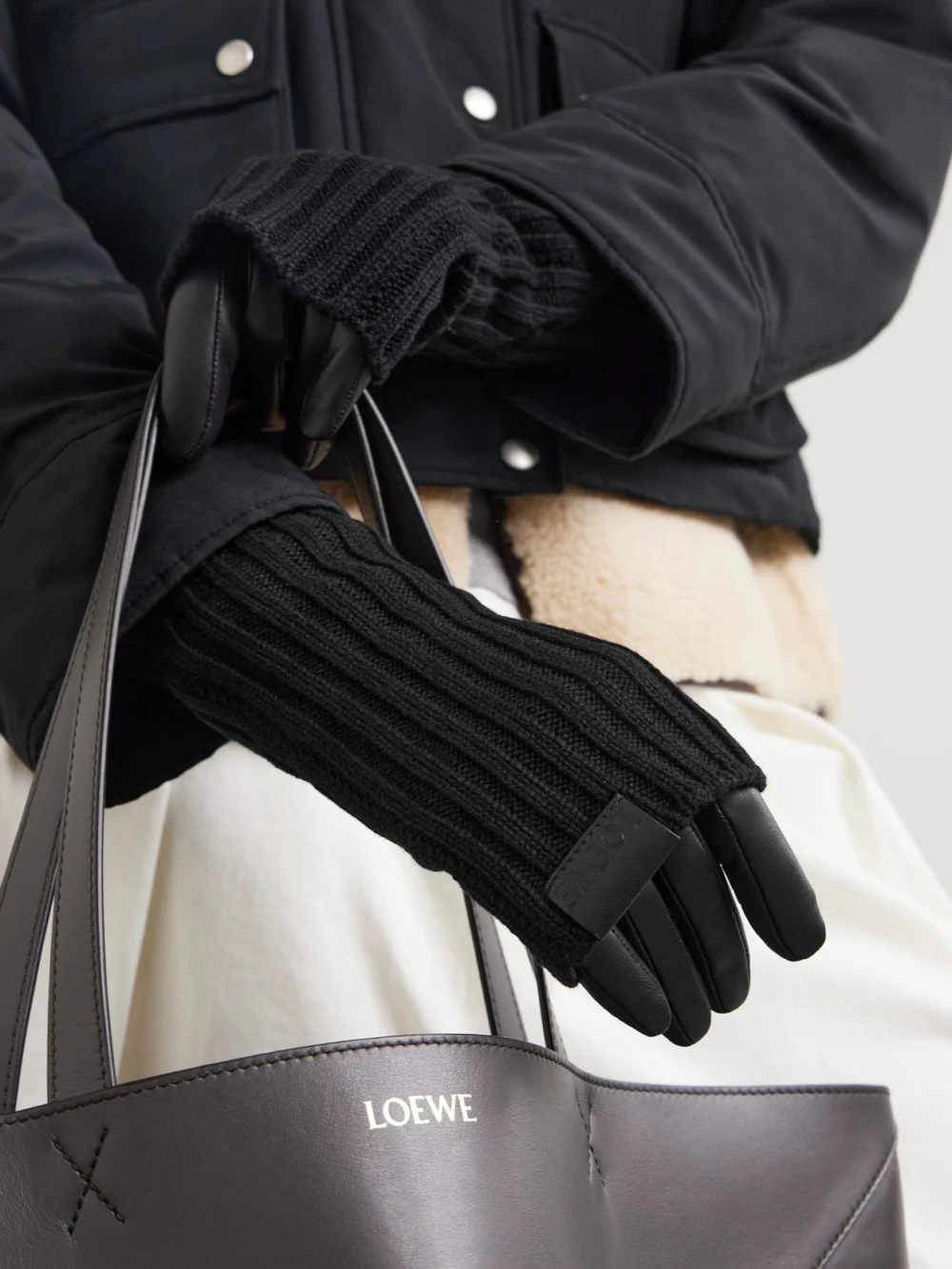 Loewe Leather-trimmed Ribbed Cashmere Gloves, styled view