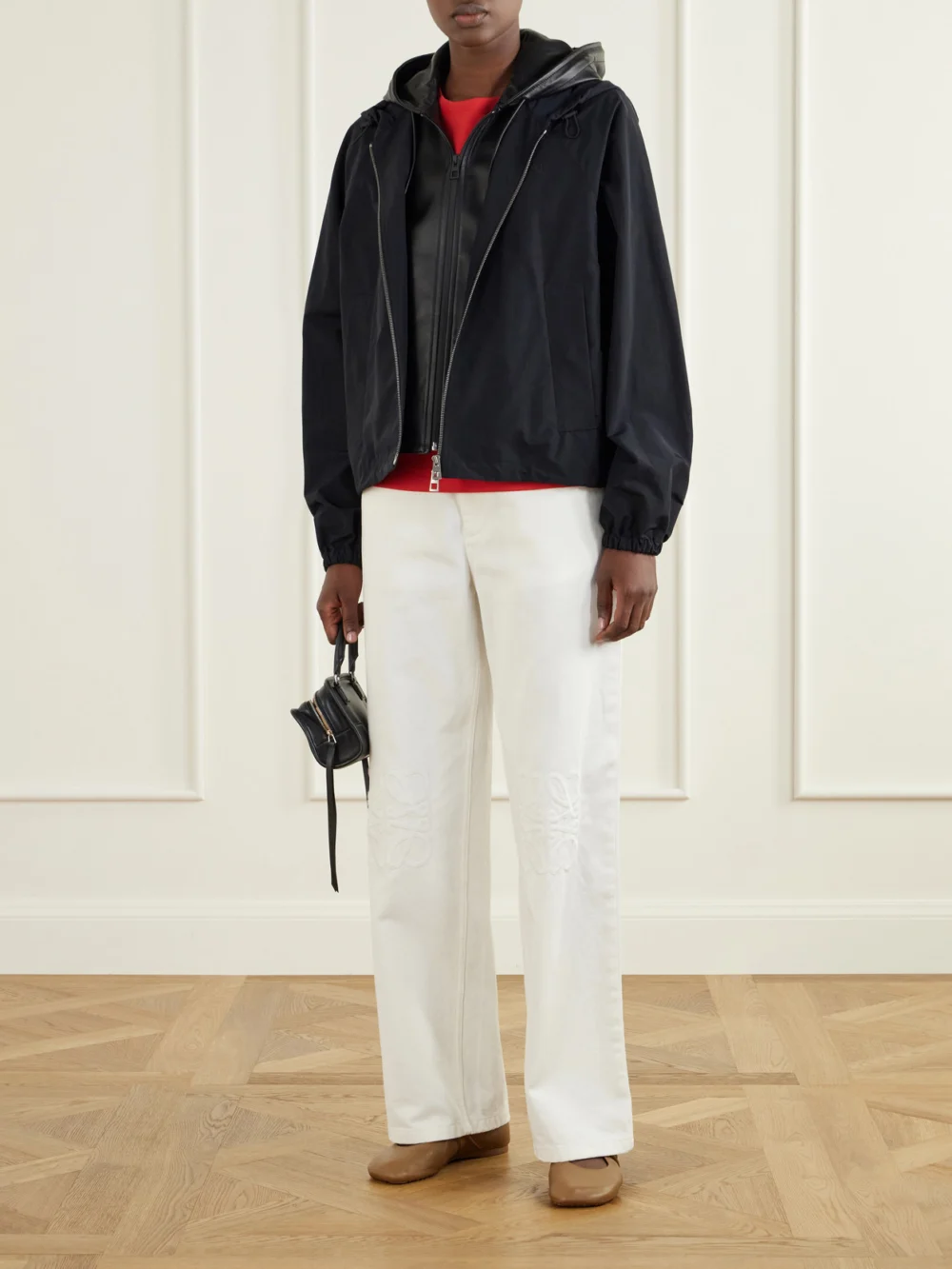 Loewe Logo-embossed Leather-trimmed Cotton-blend Jersey T-shirt, worn by a model